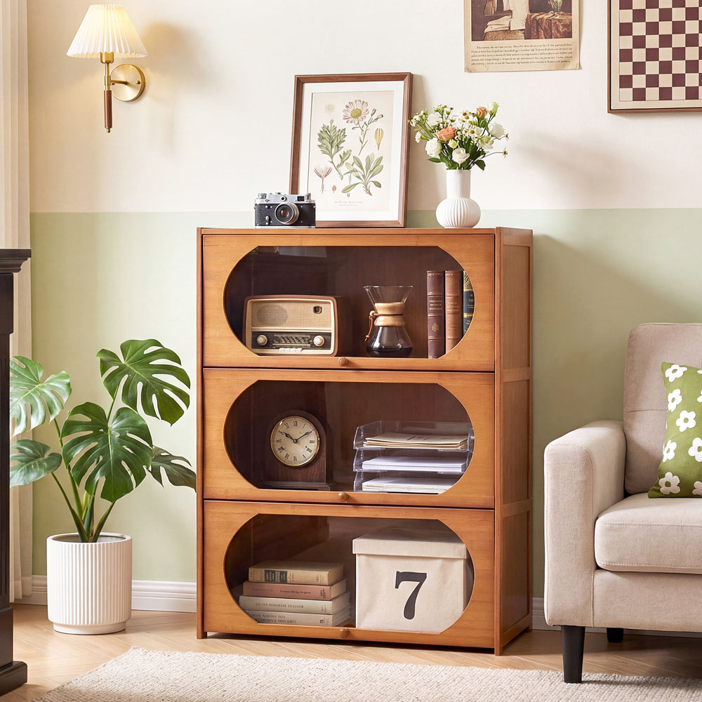 Living and Home 3 Acrylic Door Brown Bamboo Bookcase Image 7