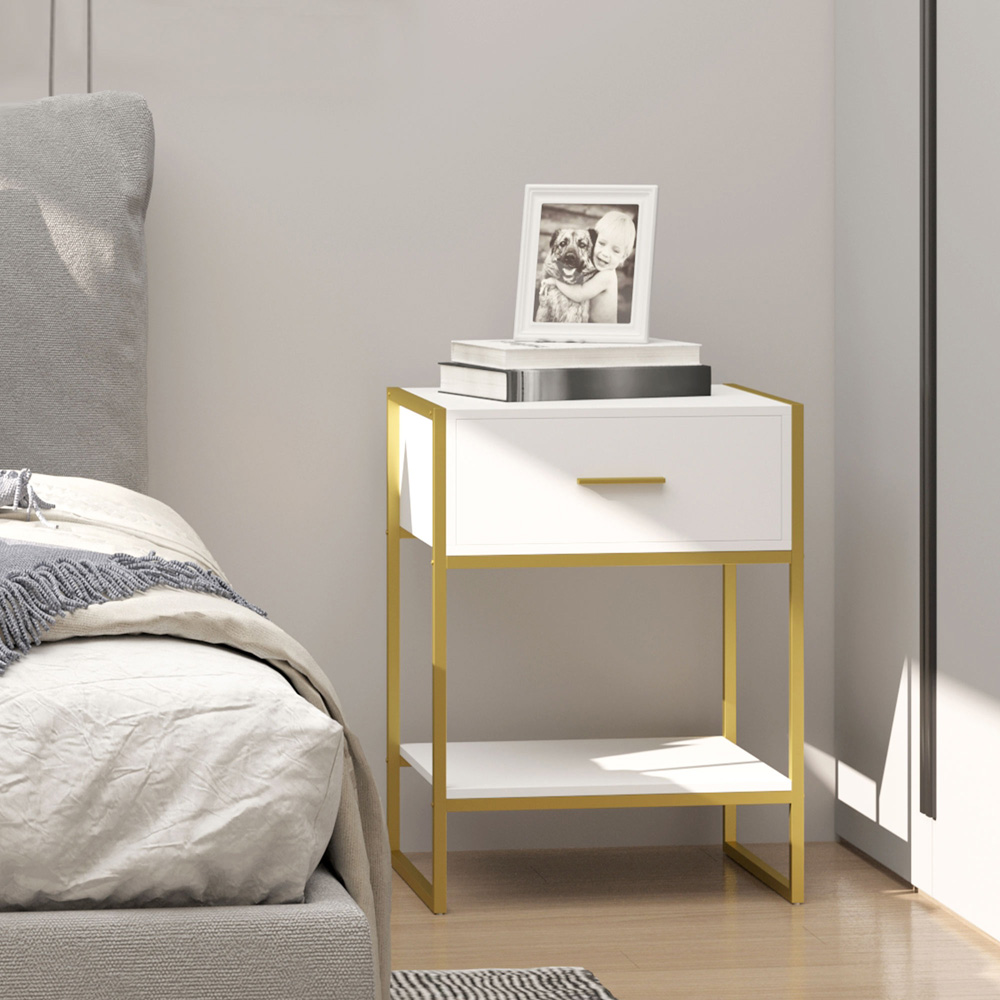 Portland Single Drawer and Shelf White and Gold Bedside Table Image 3