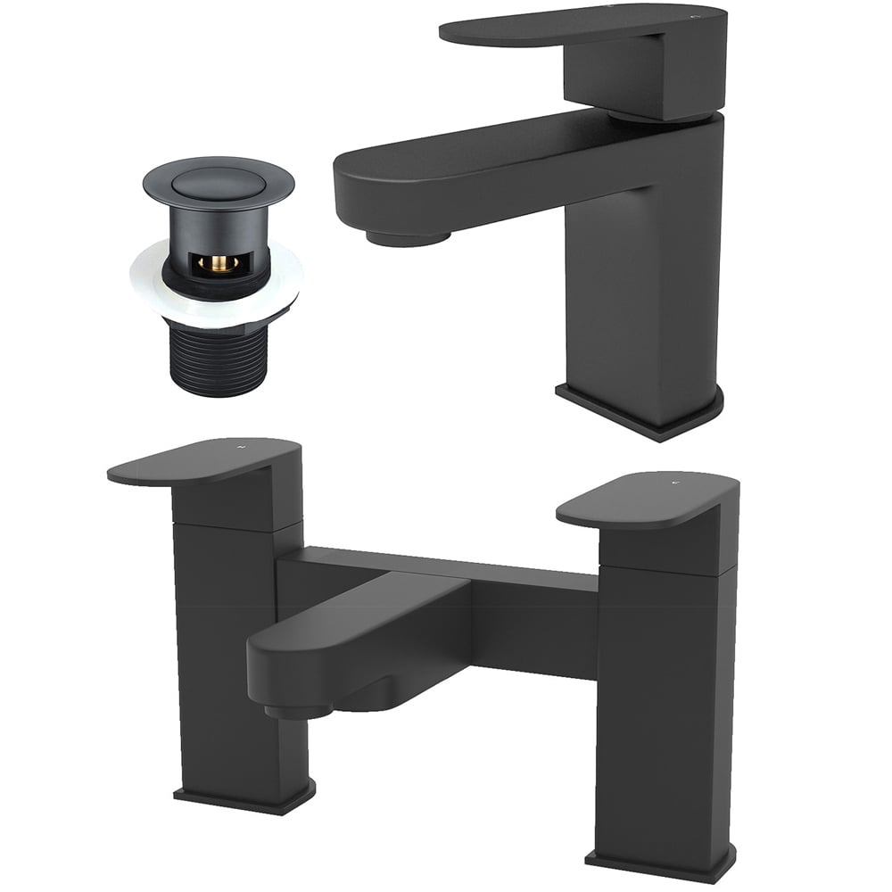 Nes Home Kento Matte Black Bath Shower Mixer and Basin Mixer Tap with Waste Image 1