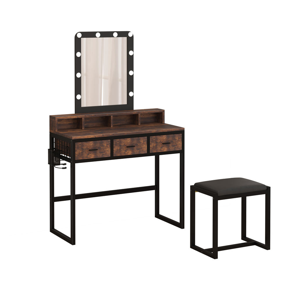 FurnitureHMD 3 Drawer 4 Shelf Rustic Industrial Style LED Light Makeup Vanity with Mirror Image 2