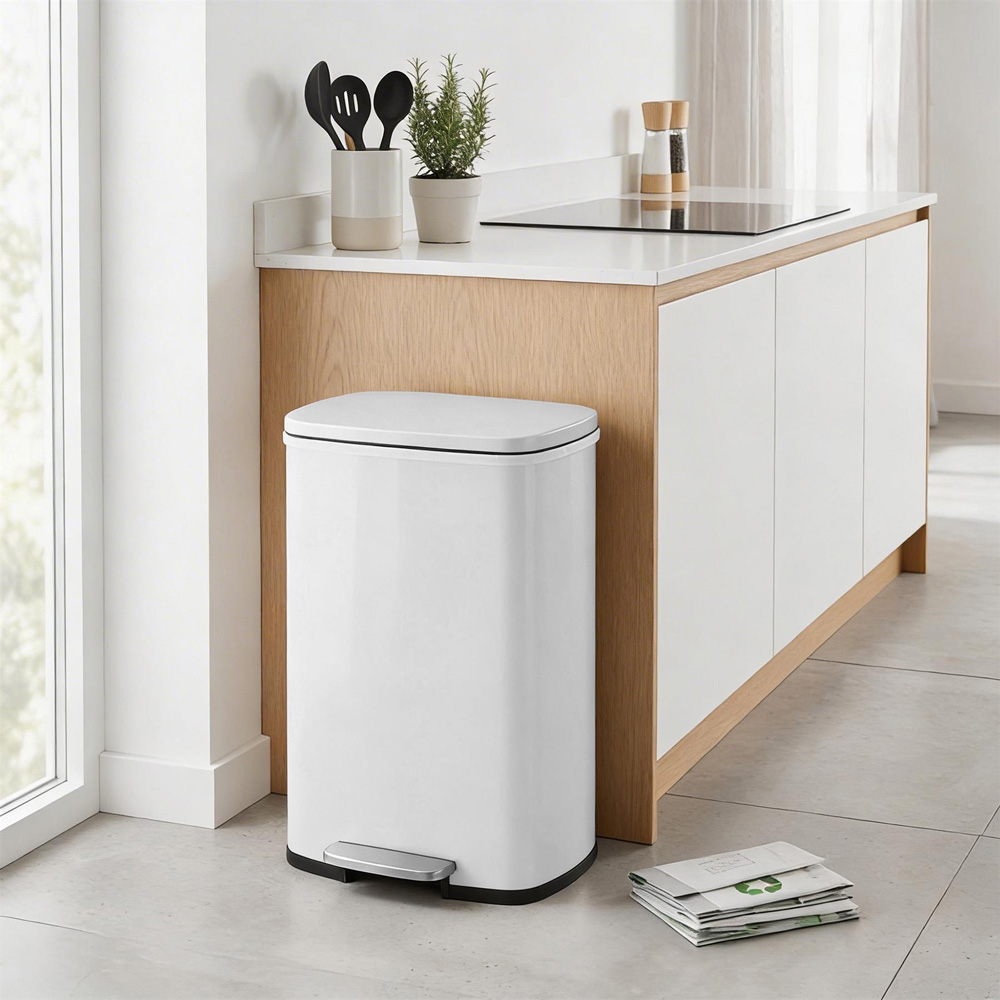 Harbour Housewares White Square Stainless Steel Kitchen Pedal Bin 50L Image 2