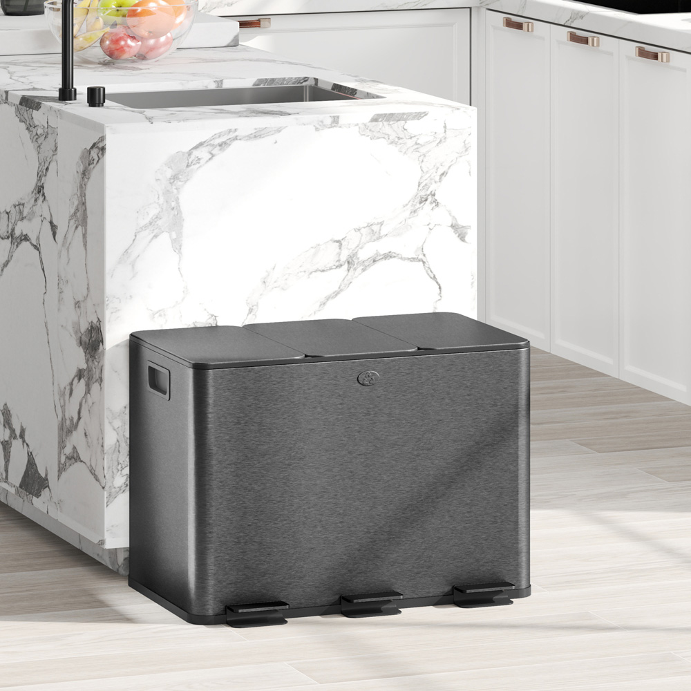 HOMCOM Triple Recycling Black Kitchen Pedal Bin 60L Image 2