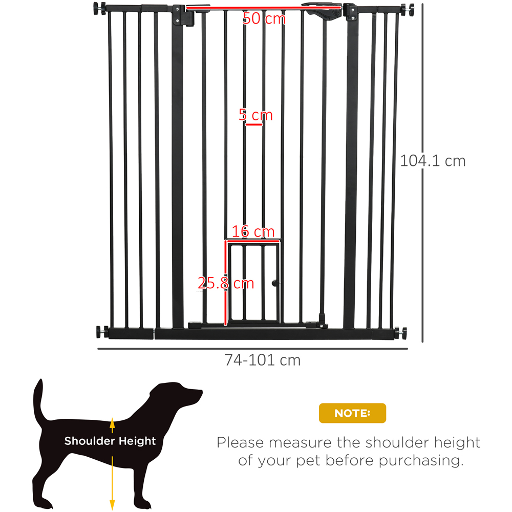 PawHut Black 74-101cm Wide Extra Tall Pet Safety Gate with Cat Flap Image 7