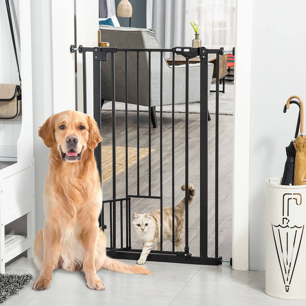 PawHut Black 74-80cm Wide Extra Tall Pet Safety Gate with Cat Flap Image 2