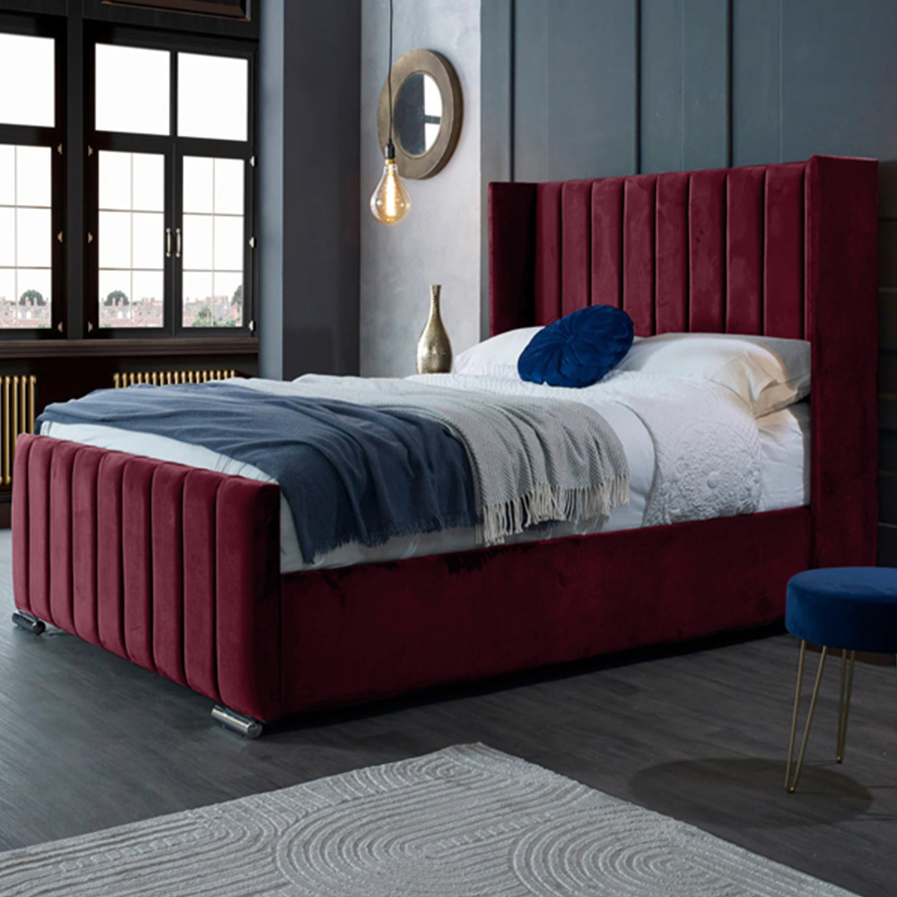 Eleganza Home Meriso King Size Maroon Plush Velvet Bed Frame with Winged Headboard Image 1