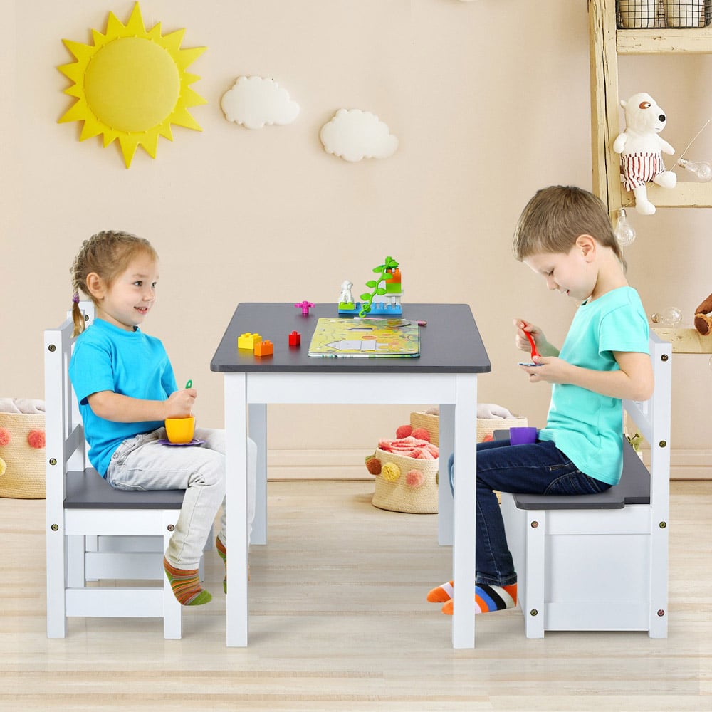 Costway Toddler 4 Seater Wooden Toddler Activity Table Set Grey Image 5