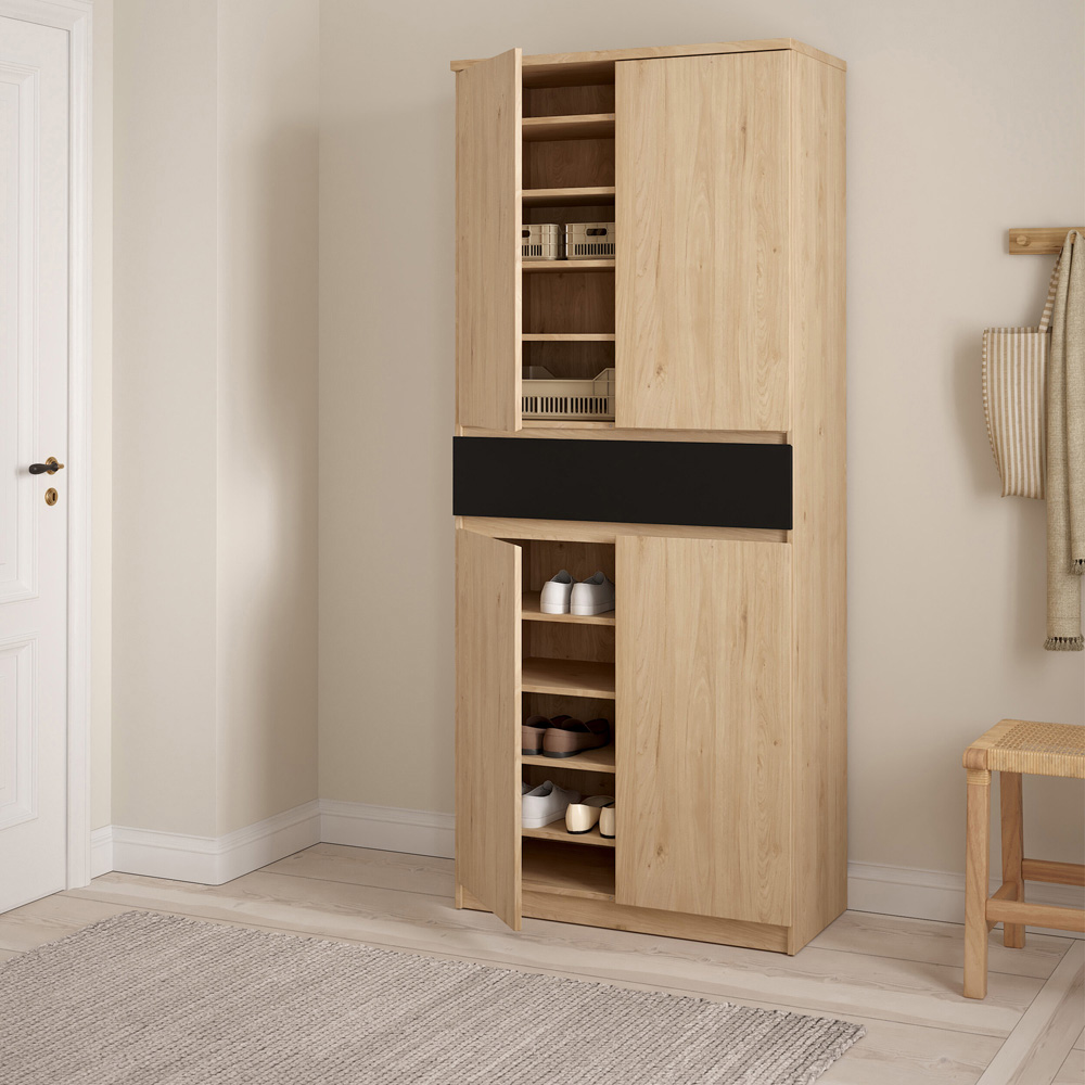 Florence 4 Door Single Drawer Jackson Hickory Oak and Black Shoe Cabinet Image 6