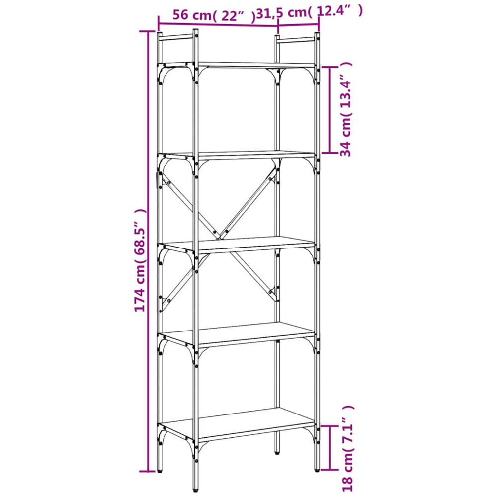 vidaXL 5 Shelf Smoked Oak Bookcase Image 8