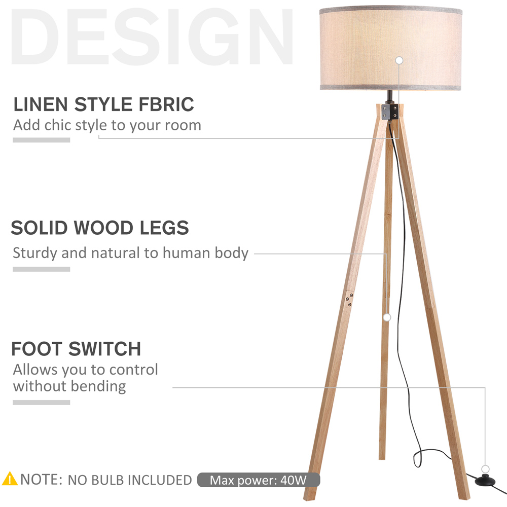 HOMCOM Grey Elegant Wood Tripod Floor Lamp Image 5