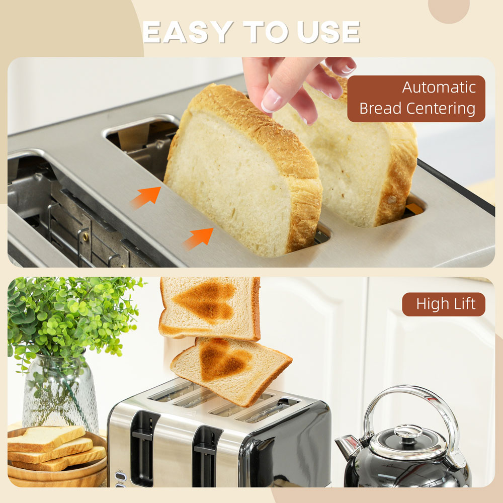 HOMCOM 800-212V70BK Black 1.7L Fast Boil Electric Kettle 3000W and 4 Slice Toaster Set Image 4