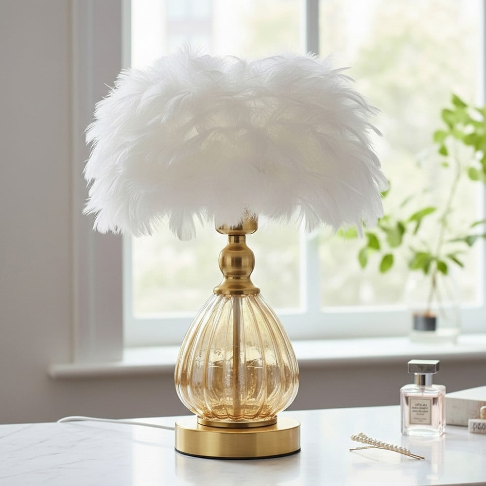 Living and Home Screw E27 Antique Bronze White Goose Feather Shade Table Lamp Image 2