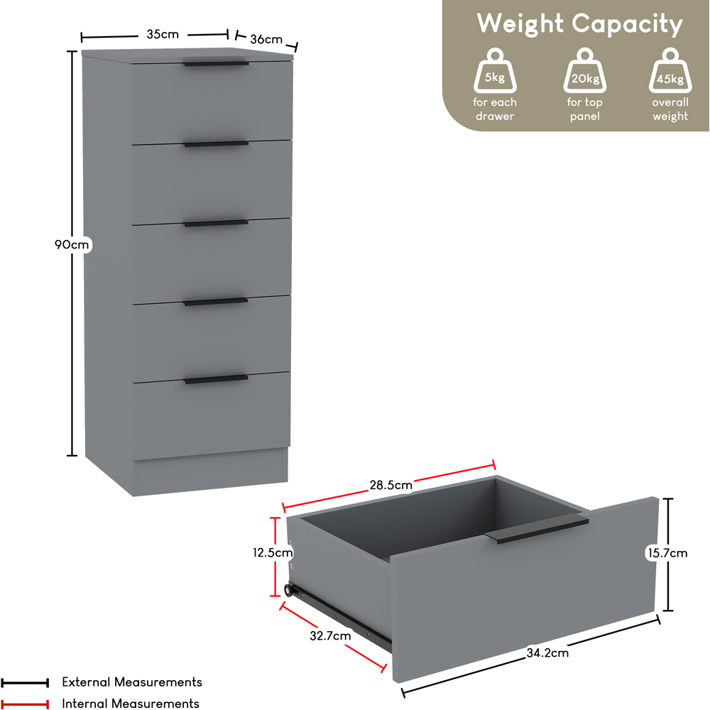 VIDA DESIGNS Trega 5 Drawer Grey Narrow Bedside Cabinet Image 9