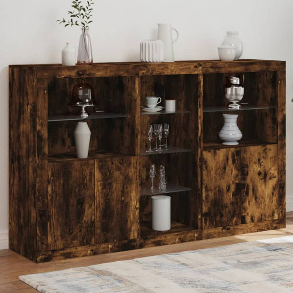 vidaXL 4 Door 8 Shelf Smoked Oak LED Sideboard 3 Piece Image 1