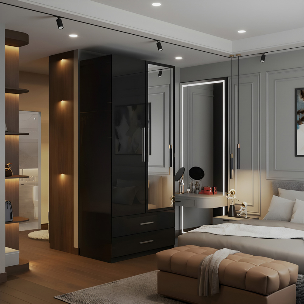 M N Furniture Glossera 2 Door 2 Drawer Black High Gloss Mirrored Wardrobe 80cm Image 4