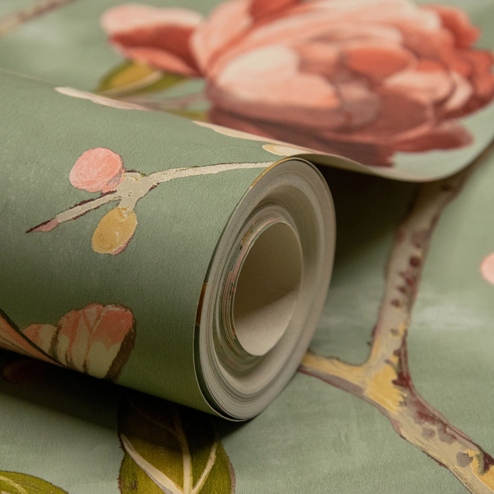 Grandeco Lola Painted Floral Trail Sage Green Wallpaper Wilko