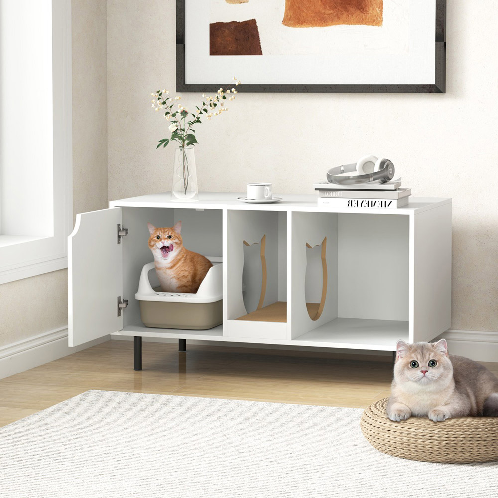 Costway White Cat Litter Box Enclosure with Storage and Scratching Board Image 2