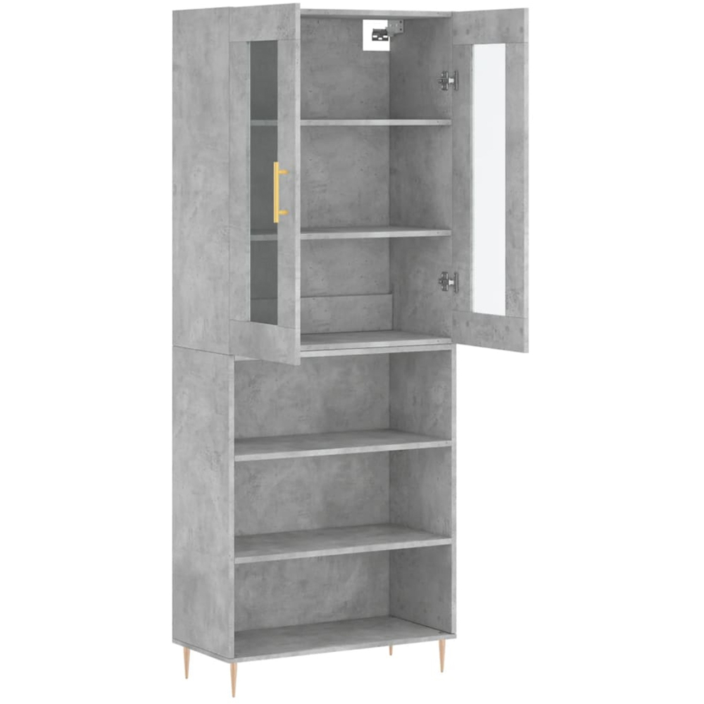 vidaXL 2 Glass Door 3 Shelf Concrete Grey Tall Highboard with Gold Handles and Metal Legs Image 4