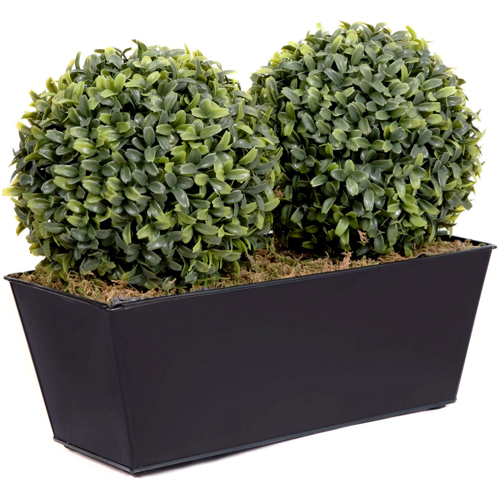 GreenBrokers Artificial Boxwood Double Bay Ball in Black Window Box 35cm Image 1