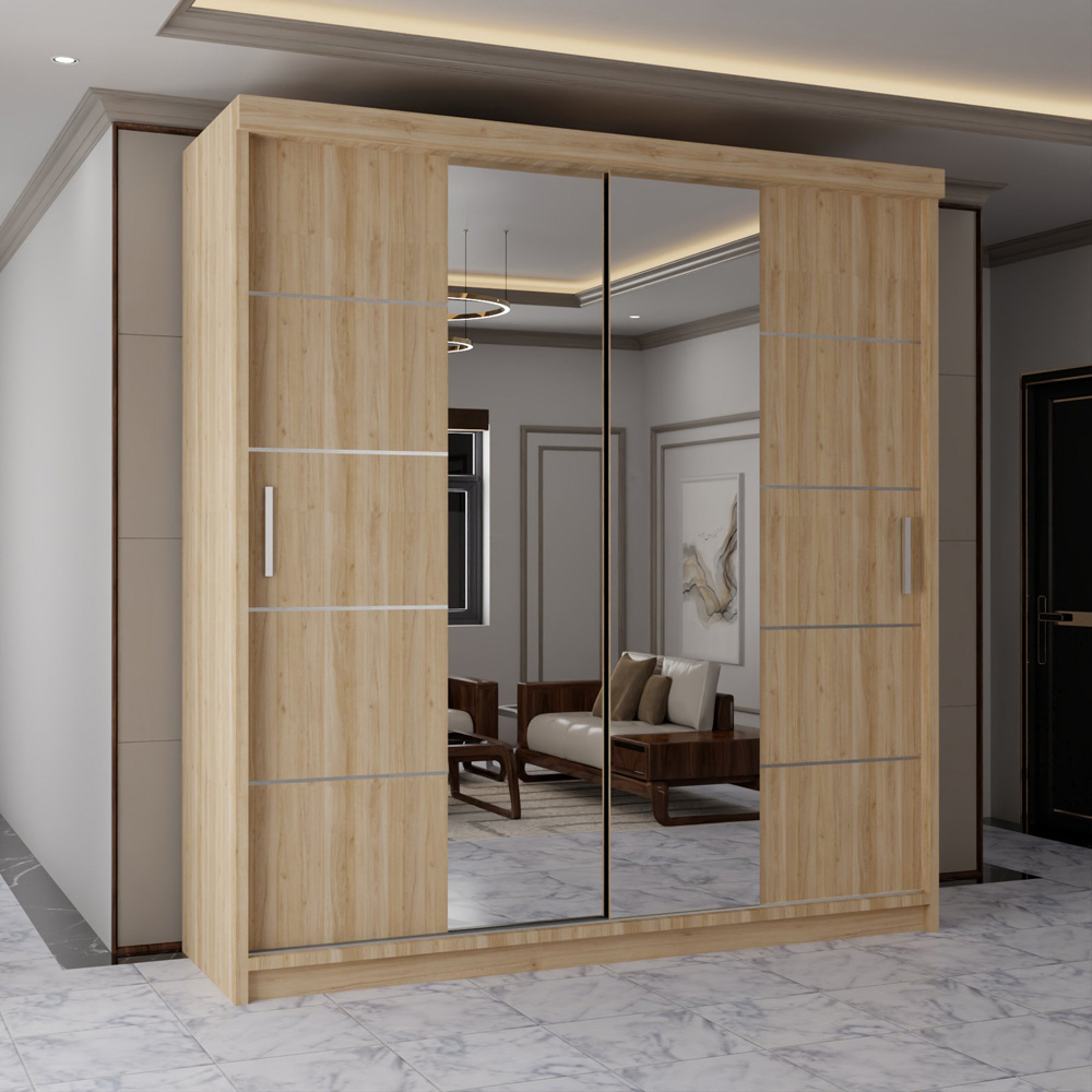 M N Furniture Osaka 2 Door Oak Mirrored Panel Sliding Wardrobe 120cm Image 1