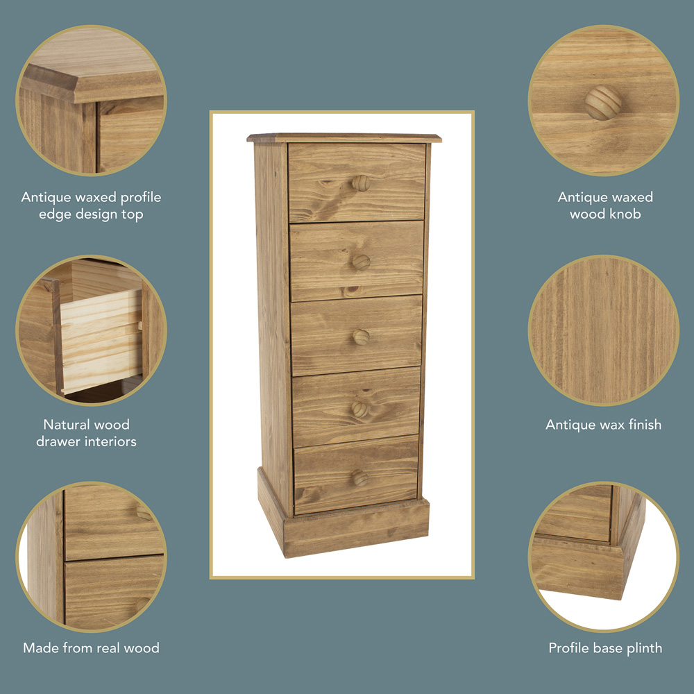 Core Products Cotswold 5 Drawer Pine Narrow Chest of Drawers Image 6