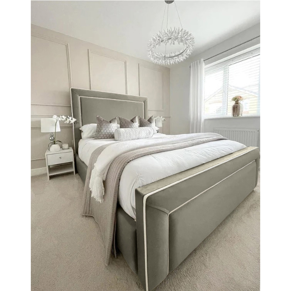 Eleganza Home Arring Double Grey Plush Velvet Bed Frame with Headboard and Footboard Image 3