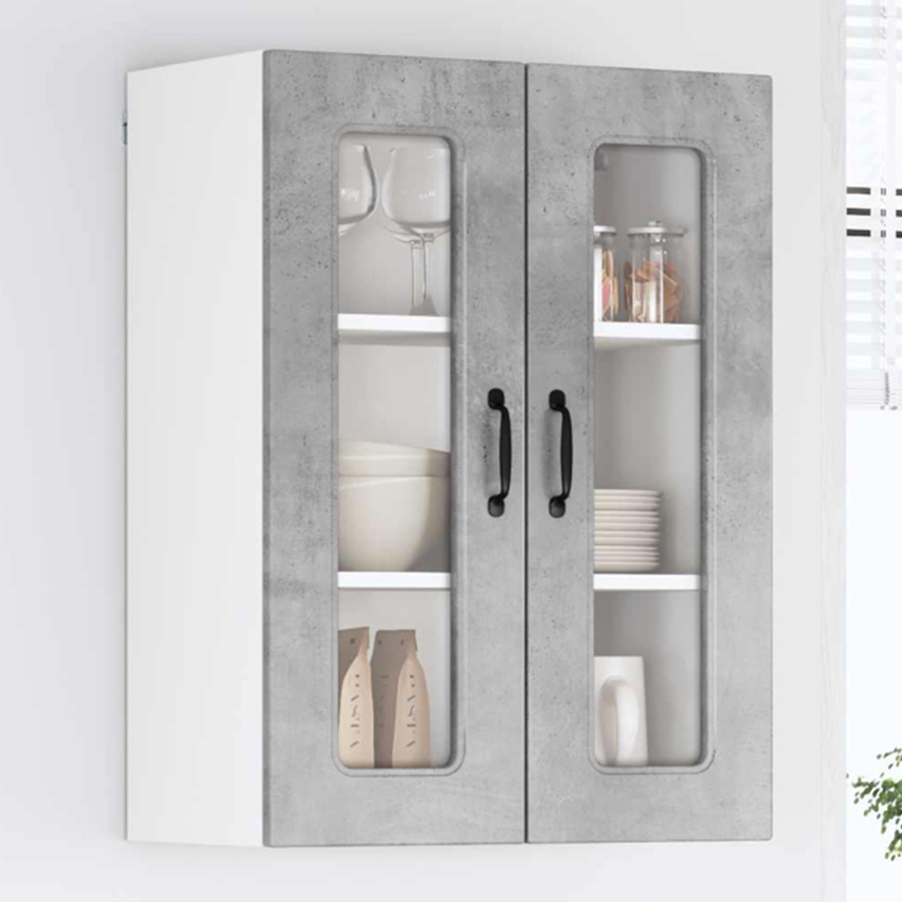 vidaXL 2 Glass Door Concrete Grey Kitchen Wall Cabinet Image 1