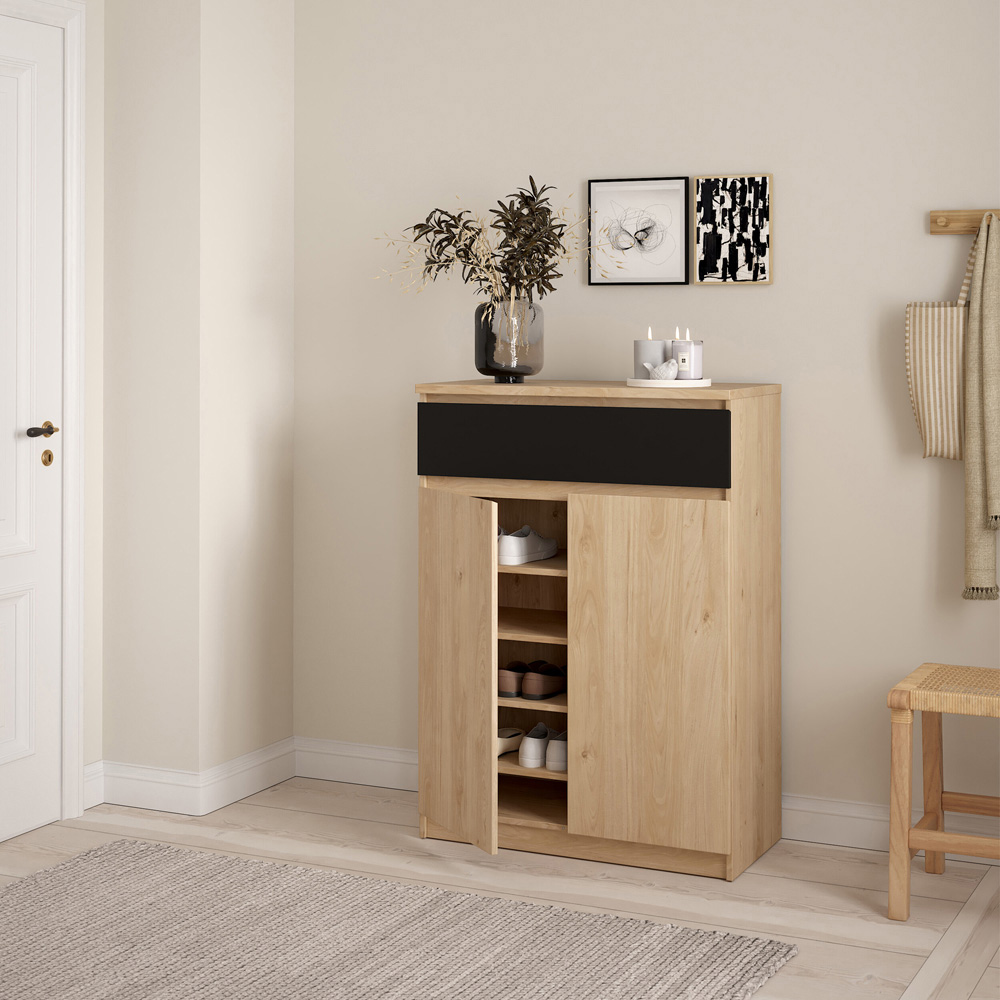 Florence 2 Door Single Drawer Jackson Hickory Oak and Black Shoe Cabinet Image 6