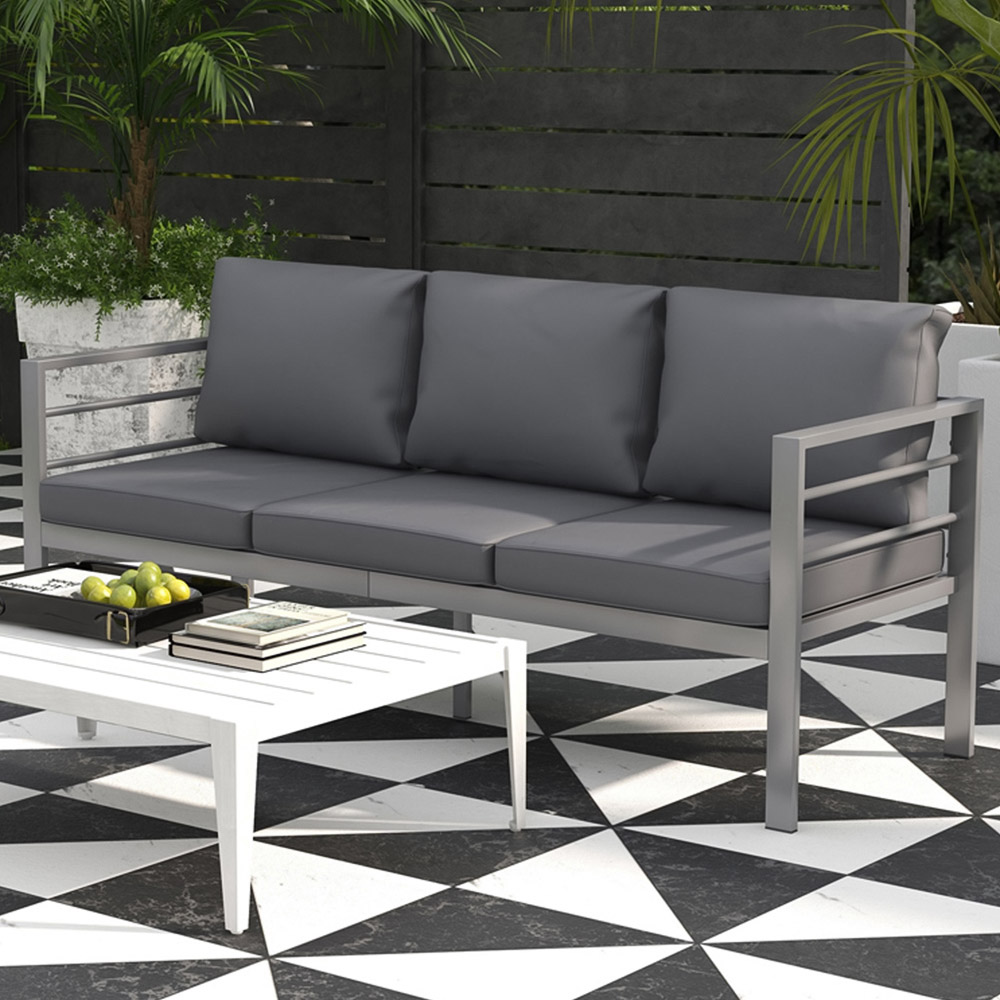 Outsunny 3 Seater Grey Aluminium Garden Bench with Cushions Image 1