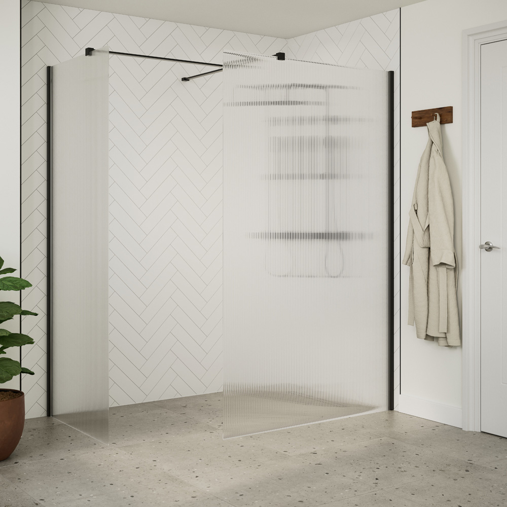 Bathstore Nero Fluted Glass Wetroom Shower Panel with Matt Black Profile and Side Arm 800mm Image 2