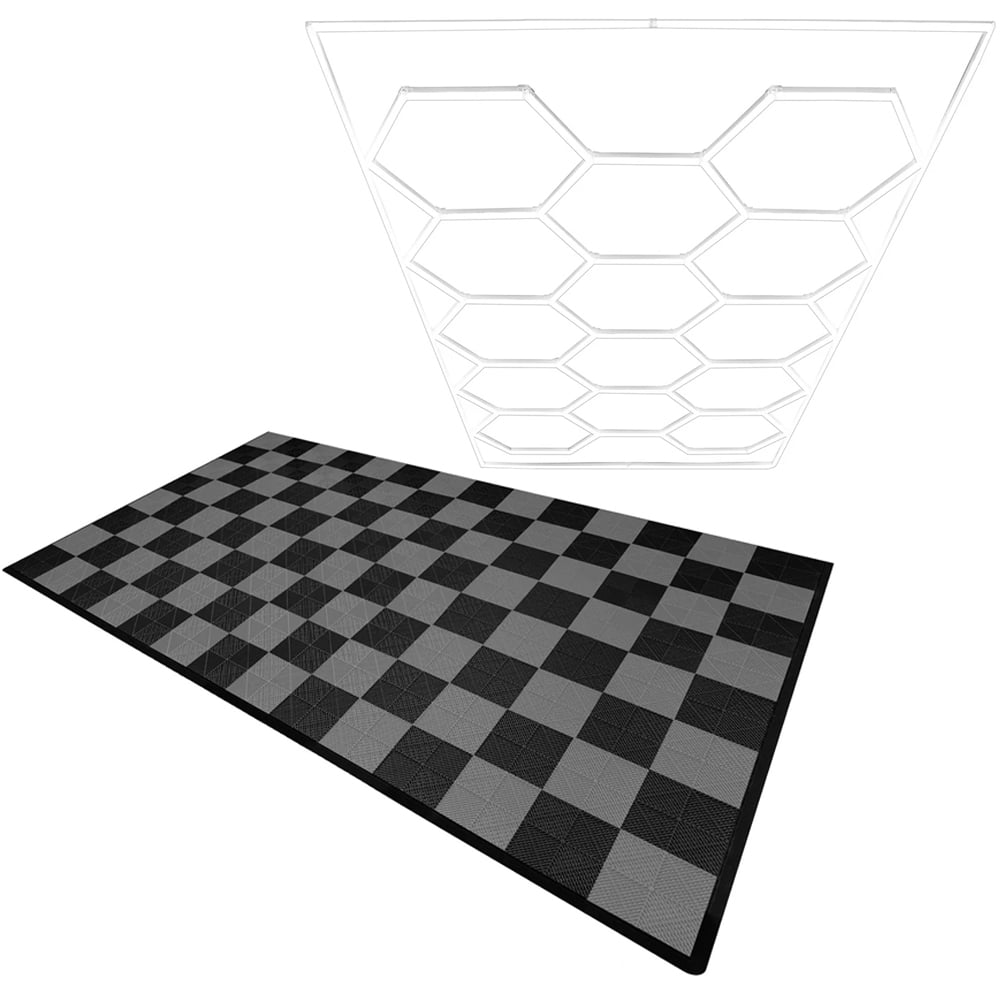 MonsterShop 60 Black and 60 Grey Vented Garage Floor Tiles with Edges and 14 Hexagon LED Light Image 1