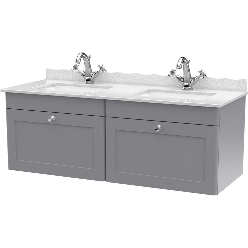 nuie Classique 2 Drawer Satin Grey and White Wall Hung Unit and 1 Tap Hole Marble Basin 1200mm Image 1