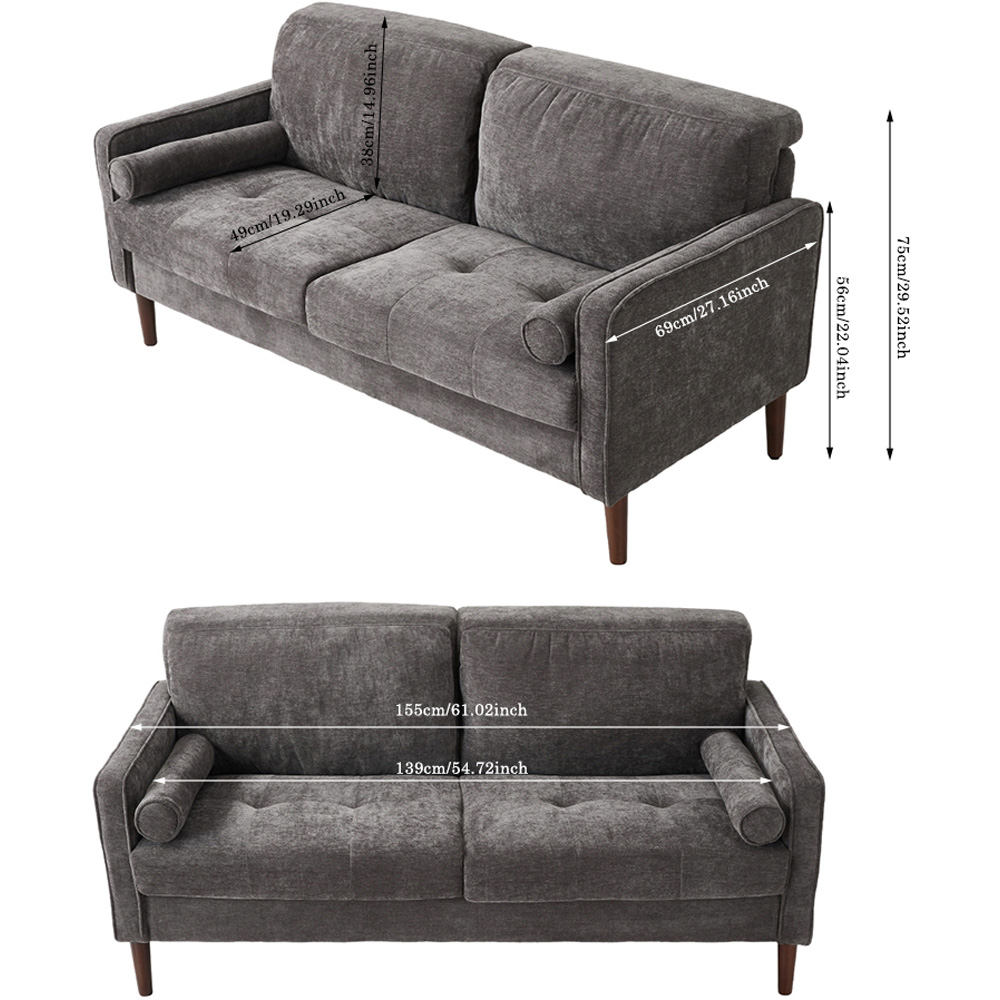 Living and Home 2 Seater Grey Soft Chenille Upholstered Sofa with Cylindrical Pillows Image 9