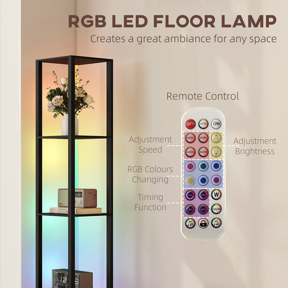 HOMCOM 4 Shelf Black RGB LED Floor Lamp with Remote Image 8