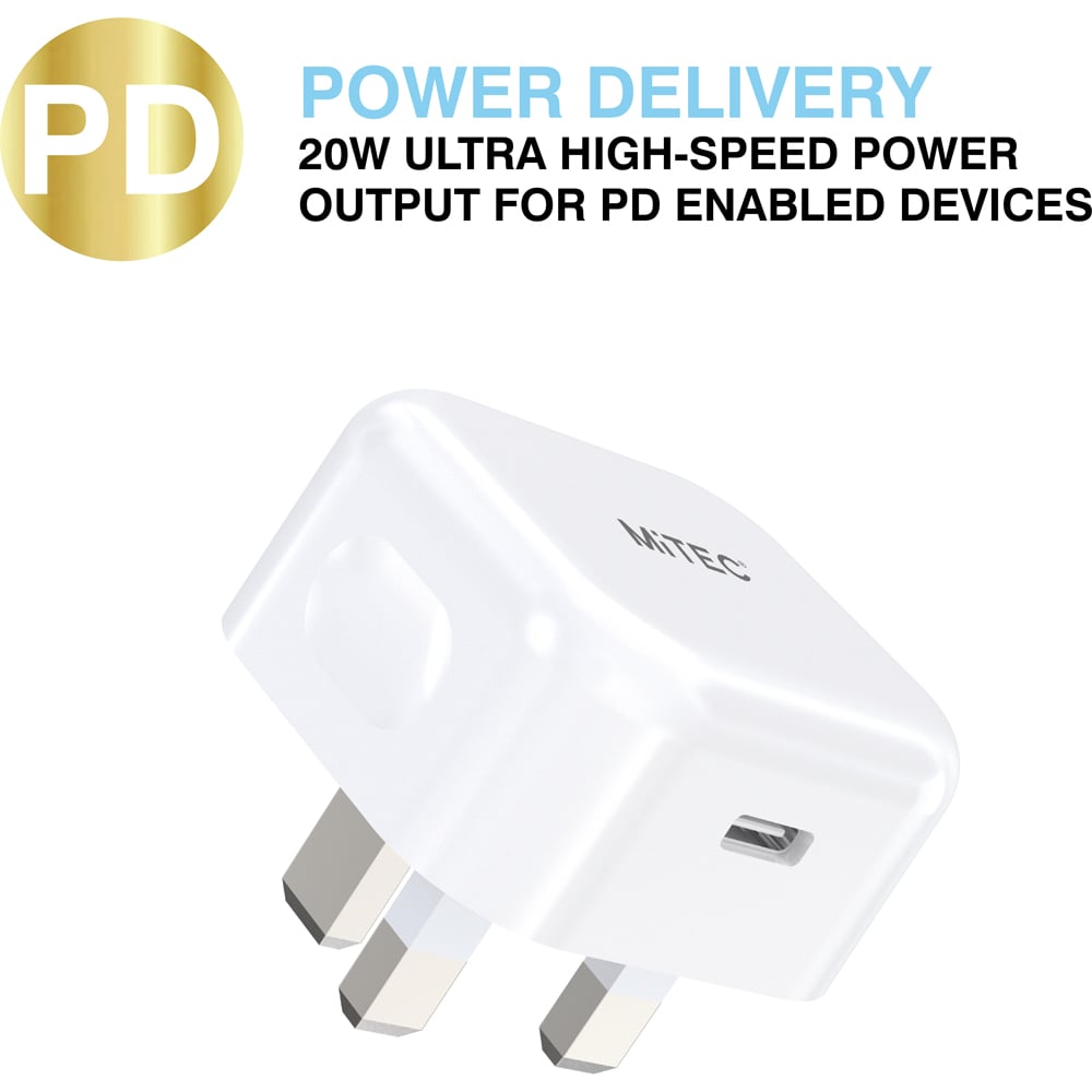 MiTEC MiPOWER USB-C PD Mains Charger 20W and White USB-C to USB-C Cable Image 3