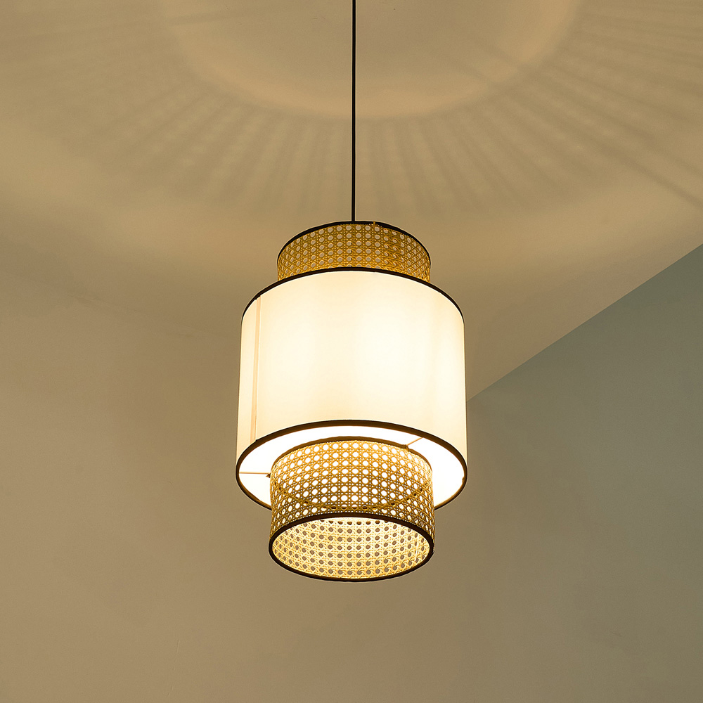 Living and Home White Fabric Shade Rattan Woven Pendant Light Image 7