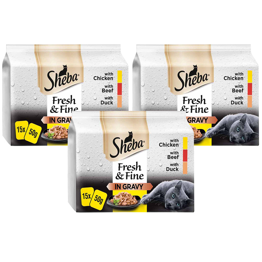 Sheba Fresh and Fine Meaty Pieces in Gravy Wet Cat Food Pouches 50g Case of 3 x 15 Pack Image 1