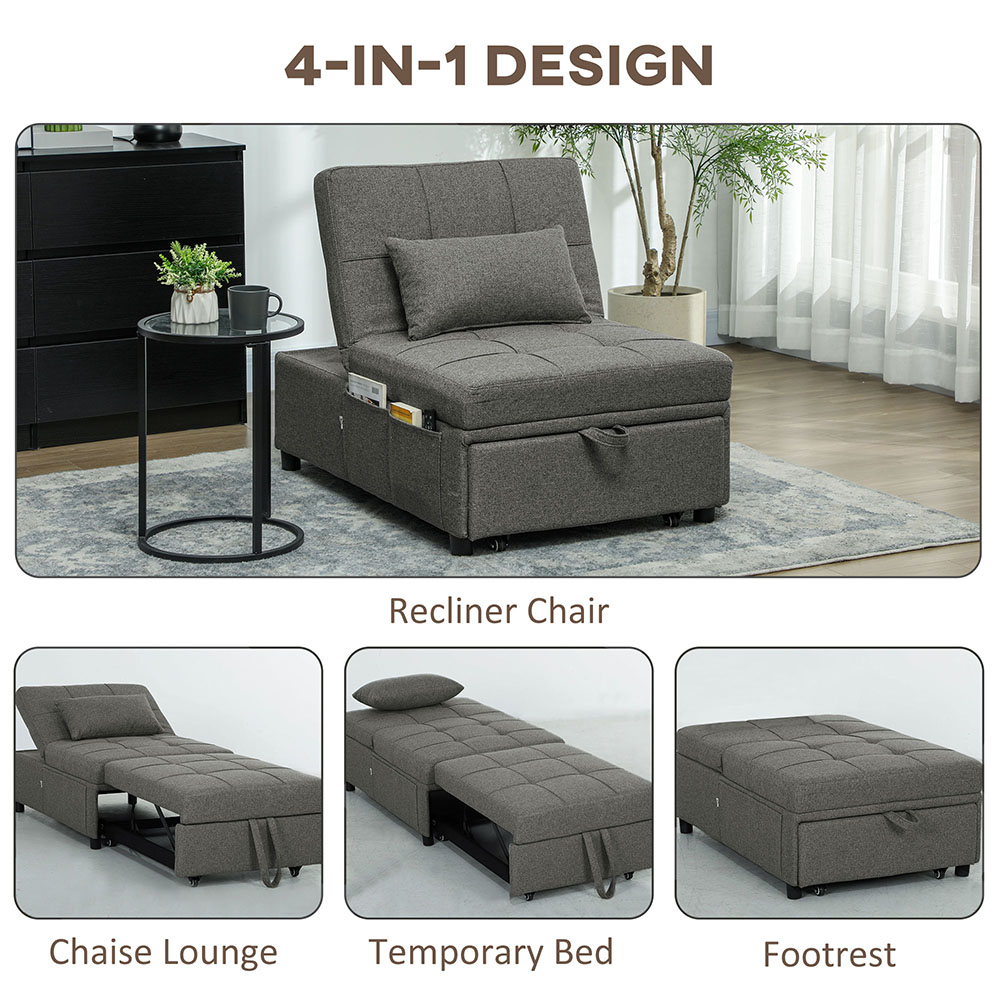 HOMCOM 4-in-1 Charcoal Grey Pull Out Sleeper Chair Bed with Pockets Image 5
