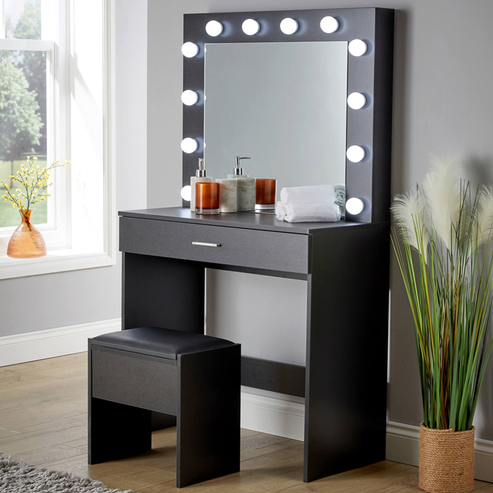Home Source Ella Single Drawer Black Dressing Table Set with LED Lights Mirror Image 1