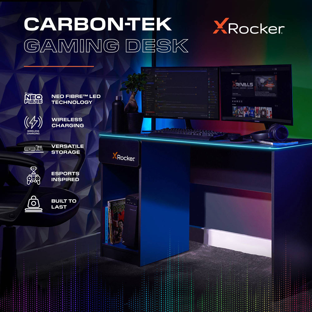 X Rocker Carbon-Tek Single Drawer Single Shelf Gaming Desk with Neo Fibre LED Lights Grey and Blue Image 2