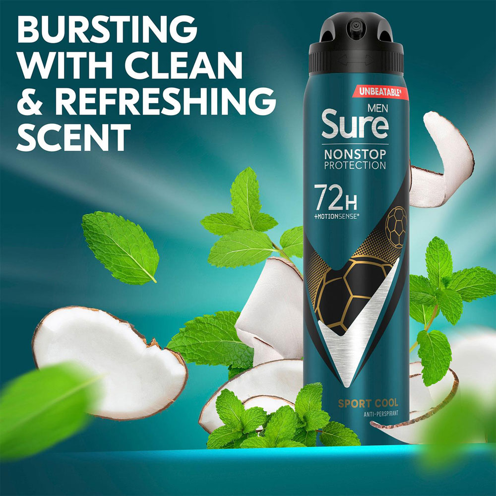 Sure Men 72H Non-Stop Protection Anti-Perspirant Sport Cool Deodorant Spray 250ml 36 Pack Image 5