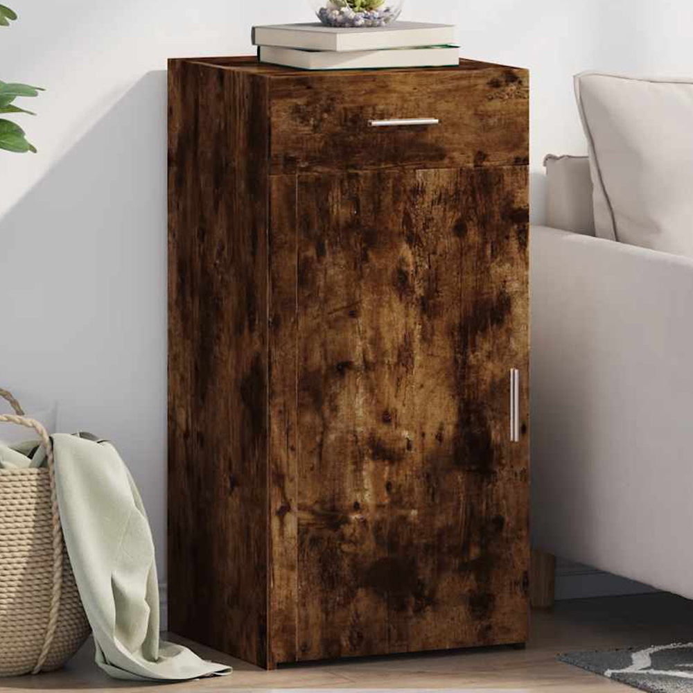 vidaXL Single Door Single Drawer Smoked Oak Sideboard Image 1