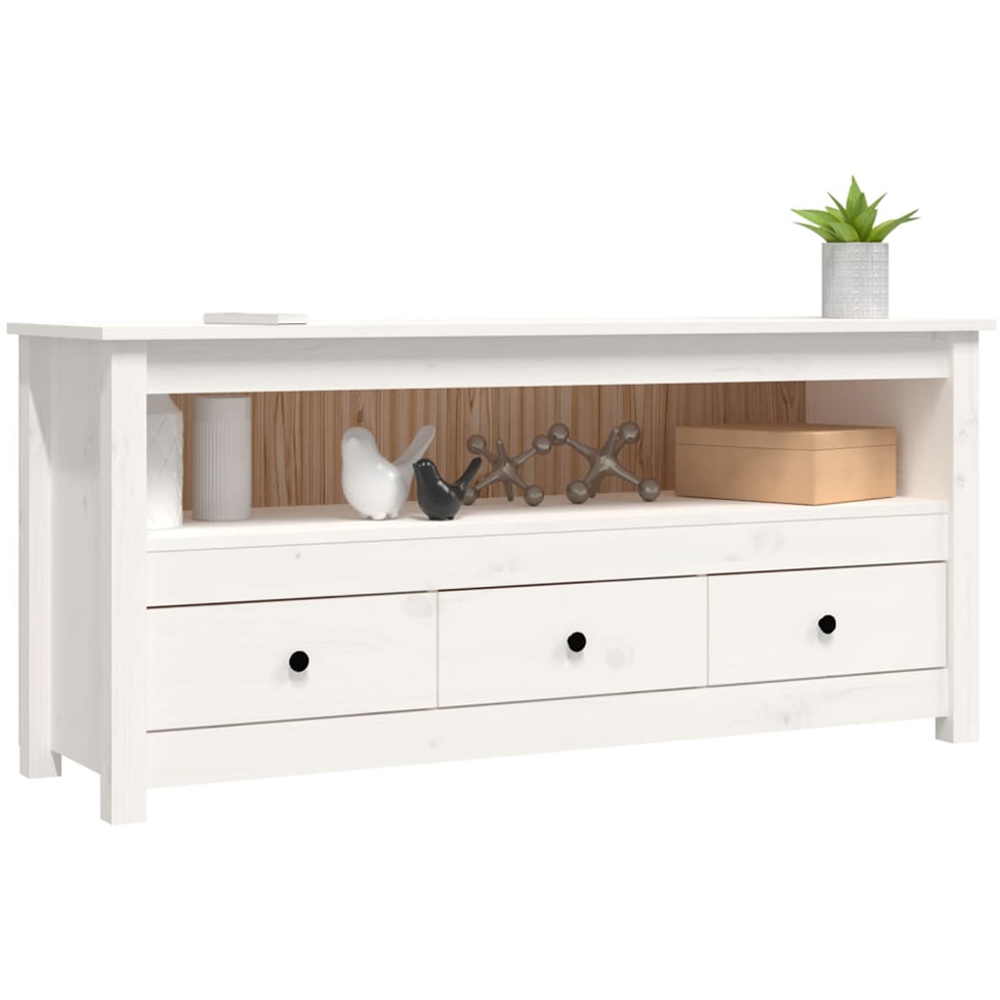 vidaXL 3 Drawer Single Shelf White Solid Pine Wood TV Cabinet Image 3