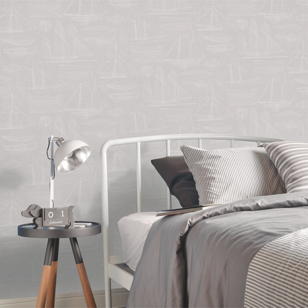 Galerie Deauville 2 Sailing Boats White Blueprint Taupe Wallpaper Image 2