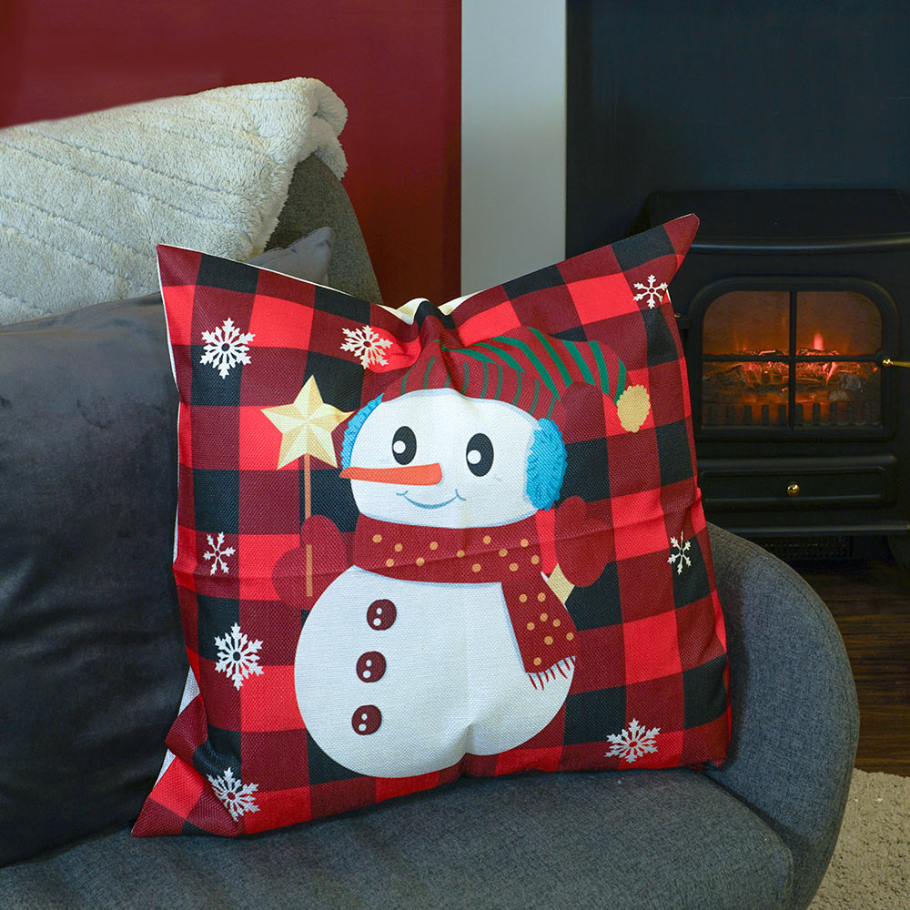 Xmas Haus Christmas-Themed Red Check Snowman Cushion 45 x 45cm Image 2