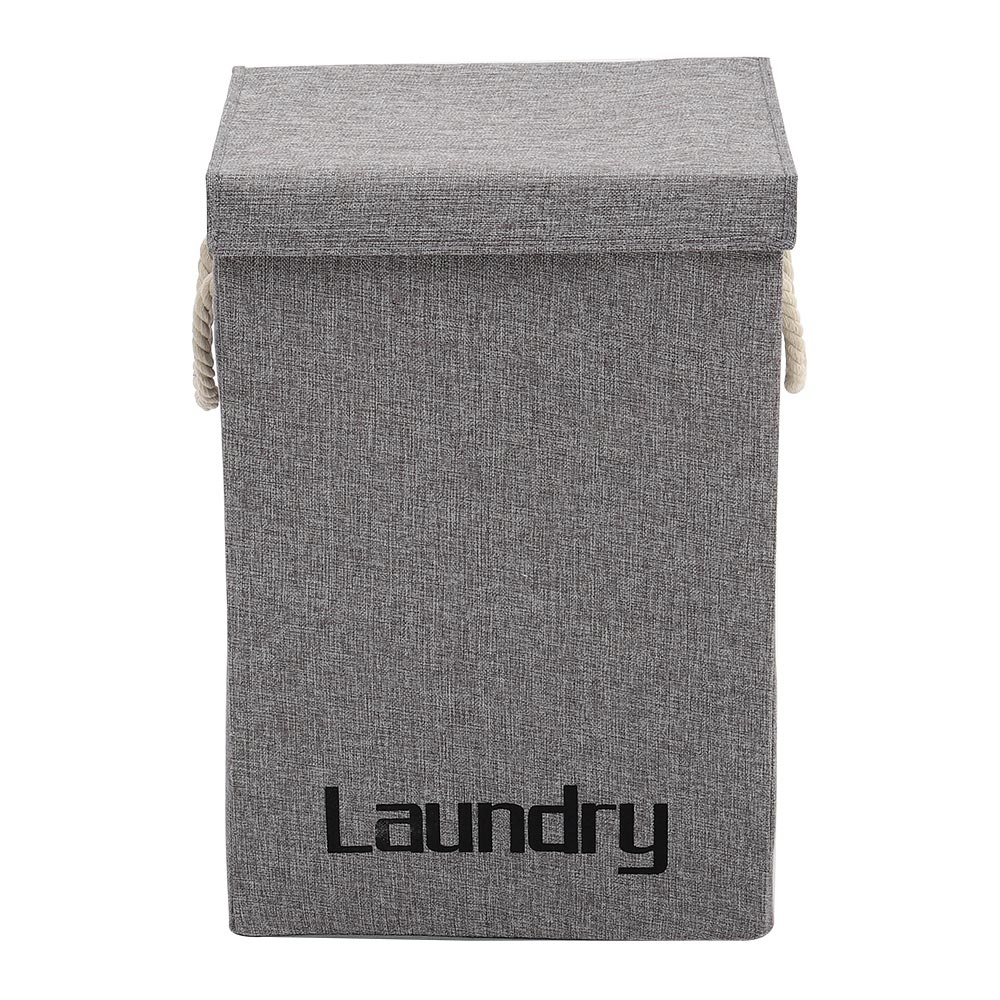 Living And Home WH0750 Grey Cotton Fabric Foldable Laundry Basket With Lid Image 4
