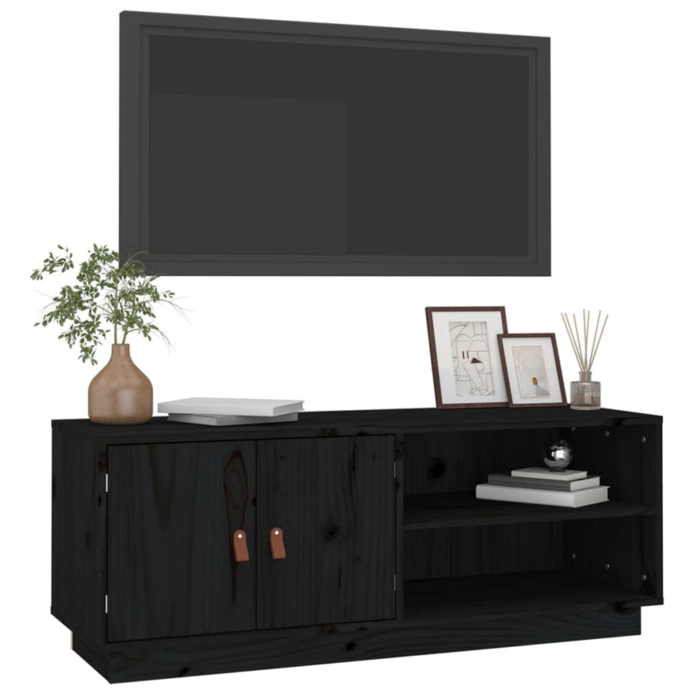 vidaXL 2 Door 2 Shelf Black Solid Pine Wood TV Cabinet Image 4