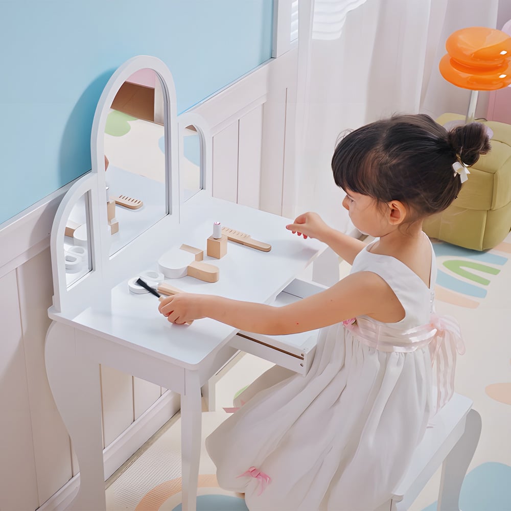 HOMCOM Single Drawer White Mirror Kids Dressing Table and Stool Set Image 7