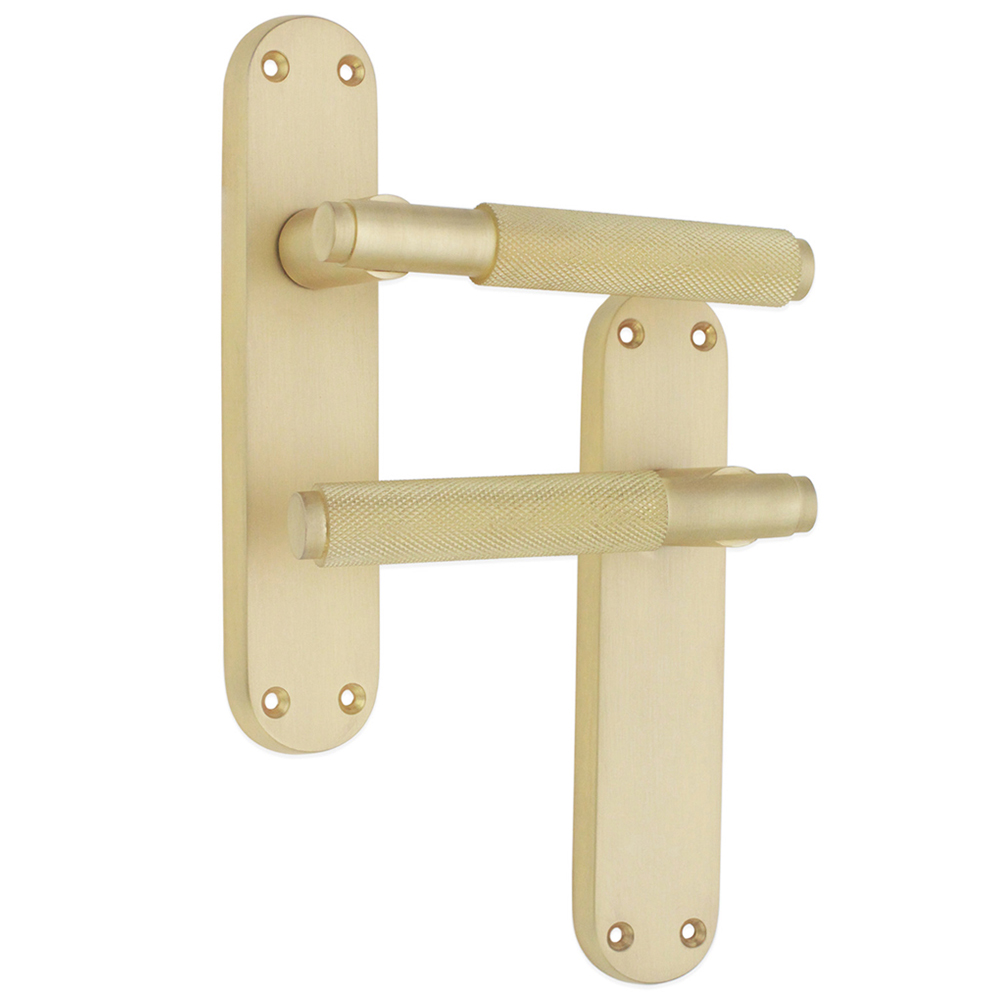 Spira Brass Connaught Satin Brass Knurled Lever Door Handle with Latch Backplate 2 Pack Image 1