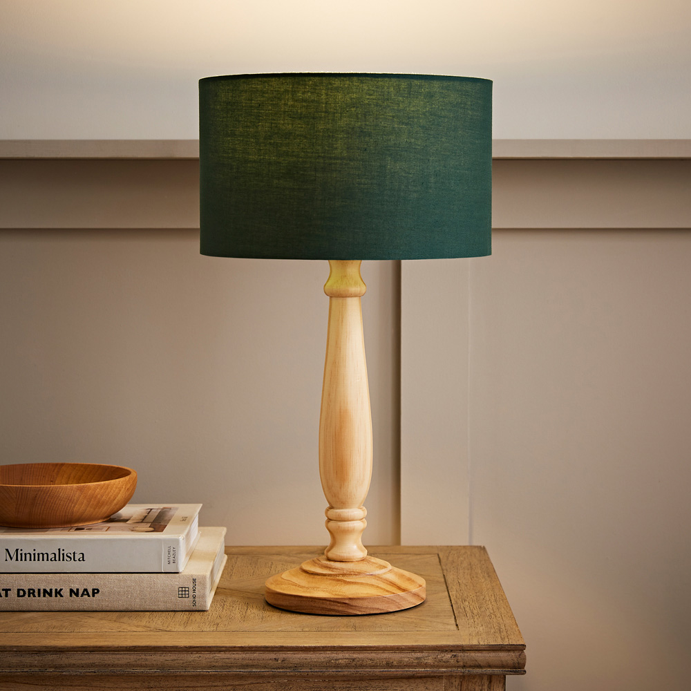 ValueLights Victoria Green Fabric Drum Shade Light Wood Traditional Stem LED Table Lamp Image 2