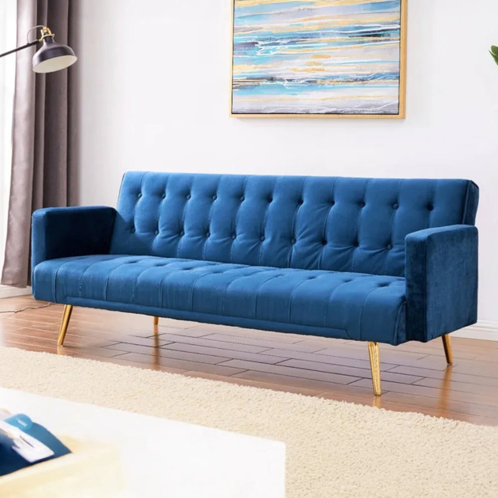 Comfy Living 3 Seater Blue and Gold Plush Velvet Sofa Bed Image 1